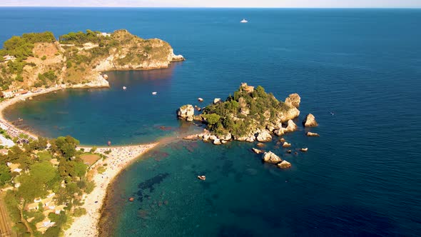 Taormina Sicily Isola Bella Beach From the Sky Aerial View Voer the Island and the Beach By Taormina