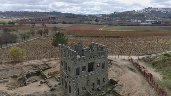 Centum Cellas mysterious ancient tower drone aerial view in Belmonte, Portugal