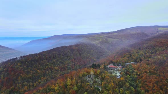 Landscape Panorama in the Mountains of Autumn Forest with Aerial View
