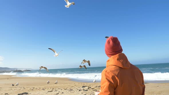 Man Sits on Beach and Feeds White Seagulls Against Ocean