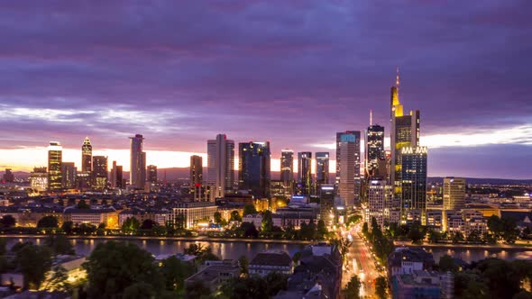 AERIAL: Night Hyper Lapse, Motion Time Lapse of Frankfurt Am Main Germany Skyline View and Beautiful
