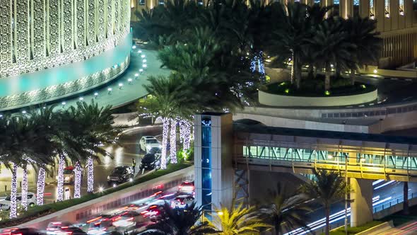 Aerial Top View of Traffic Near Mall at Night Timelapse in Dubai Marina in Dubai UAE