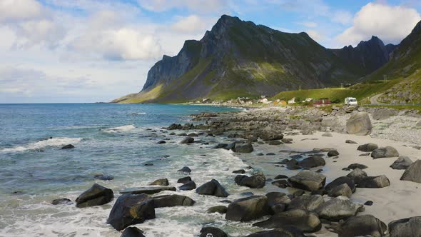 Flying Above Vikten Beach on Lofoten Islands in Norway