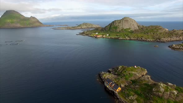 Aerial of small fishing ports on Lofoten islands in Norway