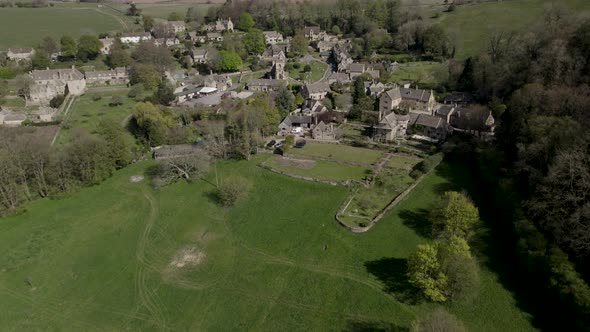 Snowshill Village Low Aerial Cotswolds Spring Season Landscape Gloucestershire UK