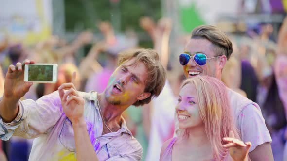 Happy Friends Posing for Video on Smartphone, Sharing Emotions in Social Network