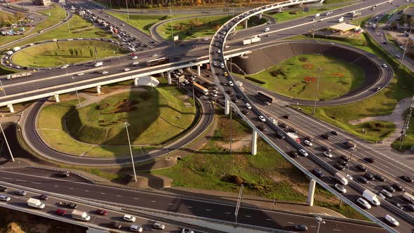 Aerial View of a Freeway Intersection Traffic Trails in Moscow