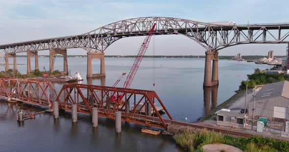 Crane shot of the Calcasieu River Bridge in Lake Charles, Louisiana