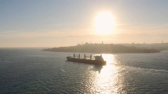 Istanbul Bosphorus Cargo Ship Aerial View Sunset