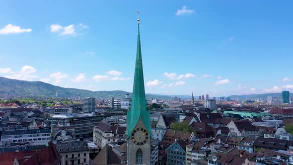 Zurich Church Fraumunster - Aerial close-up fly back