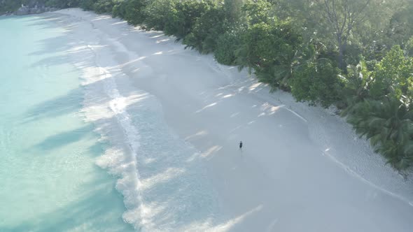 Aerial view of a person walking on the beach of Anse Lazio, Seychelles.