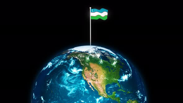 3d Rotated Planet Earth On Flying Uzbekistan Flag Animation