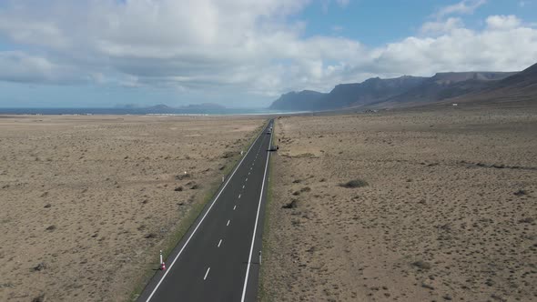 Aerial view of a road across the desert, Canary Islands, Spain.