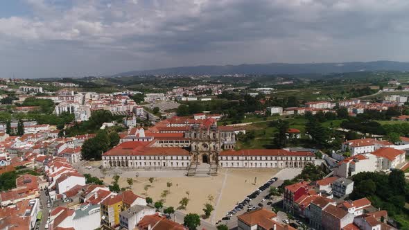 Aerial Drone Footage of Mosteiro De Santa Maria Alcobaca Portugal