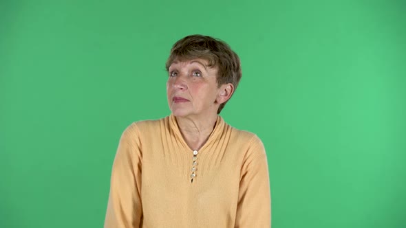 Portrait of Elderly Woman Is Daydreaming and Smiling Looking Up Isolated Over Green Background