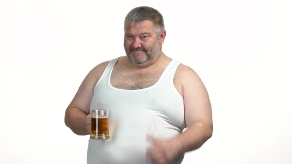 Fat Man Holding Beer and Showing Thumb Up