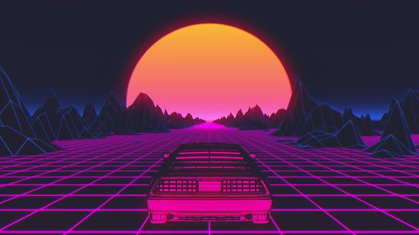 Retro-futuristic 80s style sci-Fi car background.