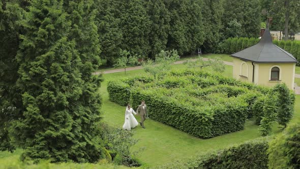 Newlyweds. Caucasian Groom with Bride Walking in Park. Wedding Couple. Man and Woman in Love