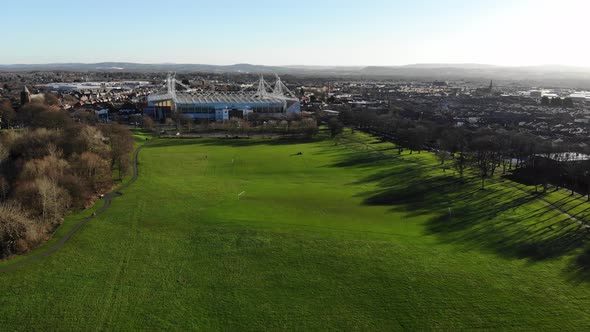 An aerial view of Moor Park and Deepdale stadium on a winter sunny day