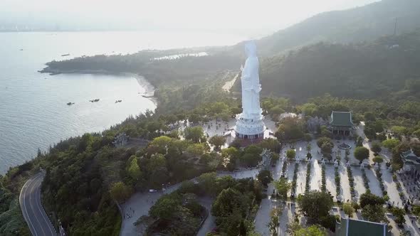 Aerial Panorama Huge Buddha Statue Near Temple Houses