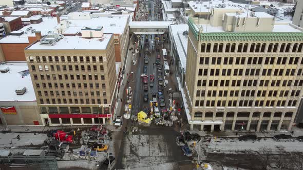 Large trucks from the freedom convoy block multiple intersections in Ottawa's snowy city center to p