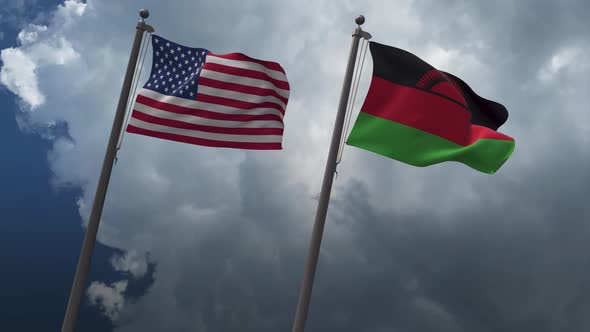 Waving Flags Of The United States And The Malawi 4K