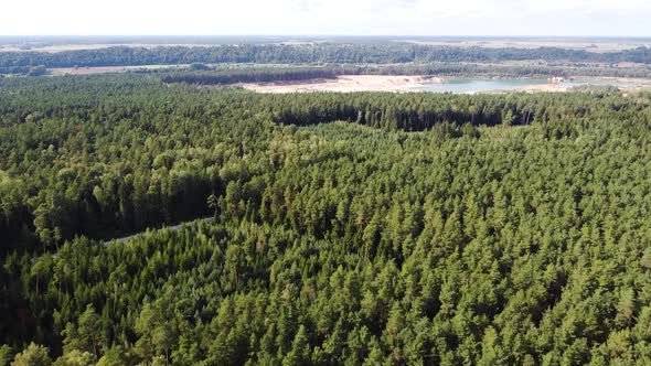 Drone flight over green and vibrant Lithuanian forest towards crystal clear water pond. Beautiful Li