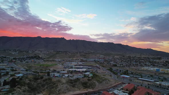 HD Aerial Drone Shot Of West El Paso Texas During Gorgeous Sunrise With Beautiful Colorful Cloudy Sk