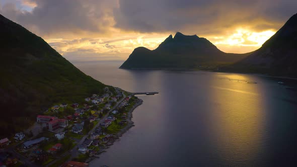 Flying Above the Gryllefjord Village and Fjord at Sunset on Senja Island Norway