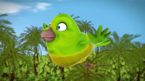 4K animation of a fun cartoon green bird, alt