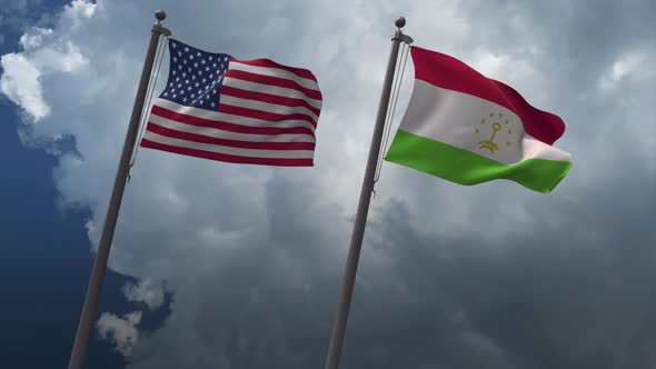 Waving Flags Of The United States And The Tajikistan 4K