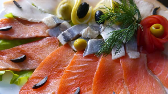 Seafood on Plate  Salmon Herring Fish and Sliced Fish Fillet Rotating