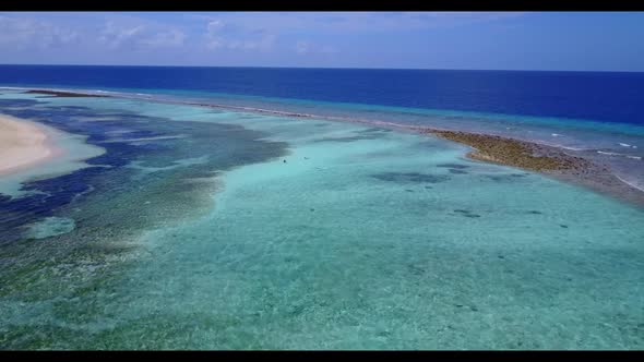 Aerial drone shot travel of tranquil shore beach vacation by blue lagoon and clean sandy background 