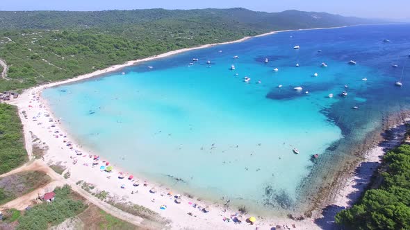 Aerial view of a white sandy shore on the island of Dugi otok, Croatia