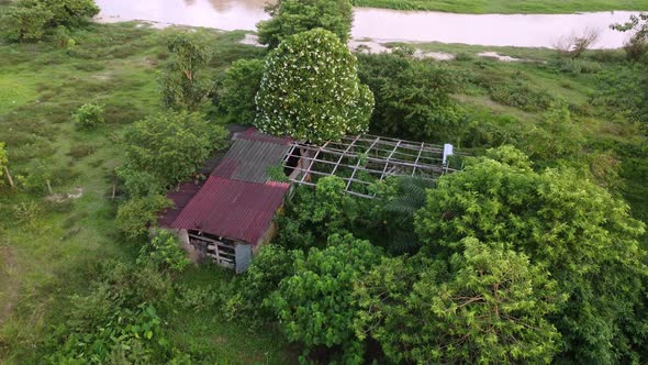 Aerial view abandoned wooden house