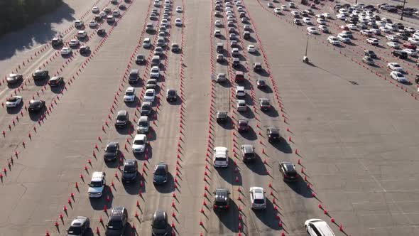 Aerial shot of cars at a testing site to receive the Coronavirus vaccine