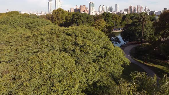 Palermo lakes in Tres de Febrero park with skyscrapers in background, Buenos Aires city. Argentina.