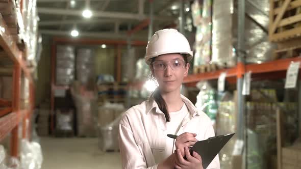 The Girl Warehouse Manager Looks Into the Camera