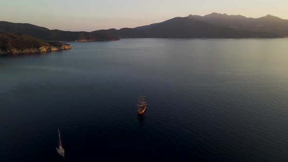 Aerial view of a pirate vessel along the coast, Elba Island, Tuscany, Italy.