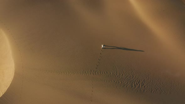  Aerial View of the Woman Walking By Sand Dunes in the Desert Nature