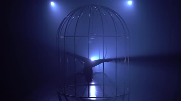 Silhouette of a Girl Spinning on the Air Hoop on the Scene in a Cages