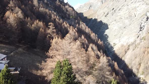 with the drone through a valley, past the so-called Edelweiss hut, in Switzerland