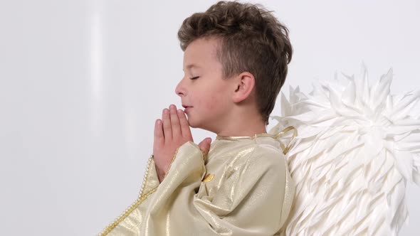 A Little Boy with Angel Wings He Sincerely Prays in the Temple