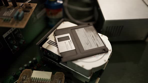 Old Computer Floppy Disk and Motherboard