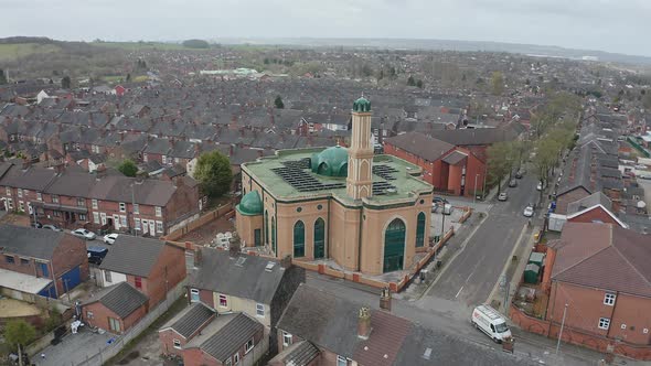 Aerial view of Gilani Noor Mosque in Longton, Stoke on Trent, Staffordshire, the new Mosque being bu