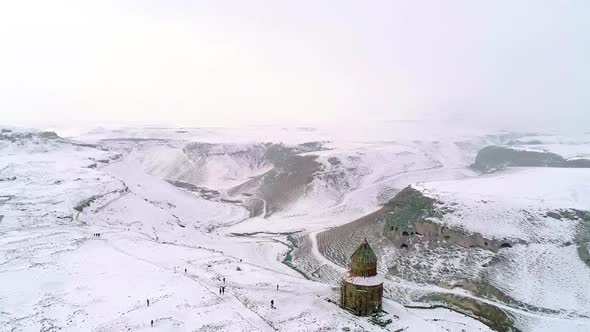 Aerial view Ani ruins in winter season. Kars, Turkey