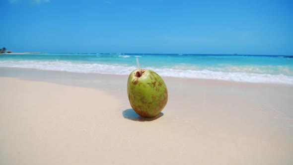 Coconut with straw on tropical beach with waves in background, CIRCLING SLIDER