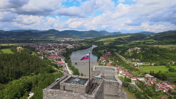 A view of the Slovak flag at the castle in the village of Strecno in Slovakia