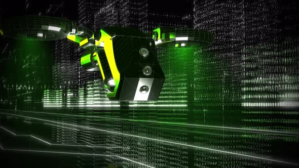 Drone is Passing through the big city filled with Data in the cyberspace world alt