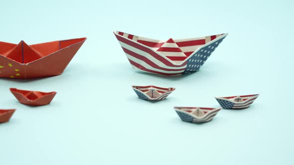 Paper Boats with the Colors of USA and China Facing Each Other